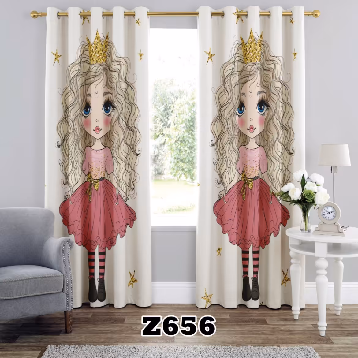 یک عدد پنل پرده اماده طرح دختر موفرفری z656