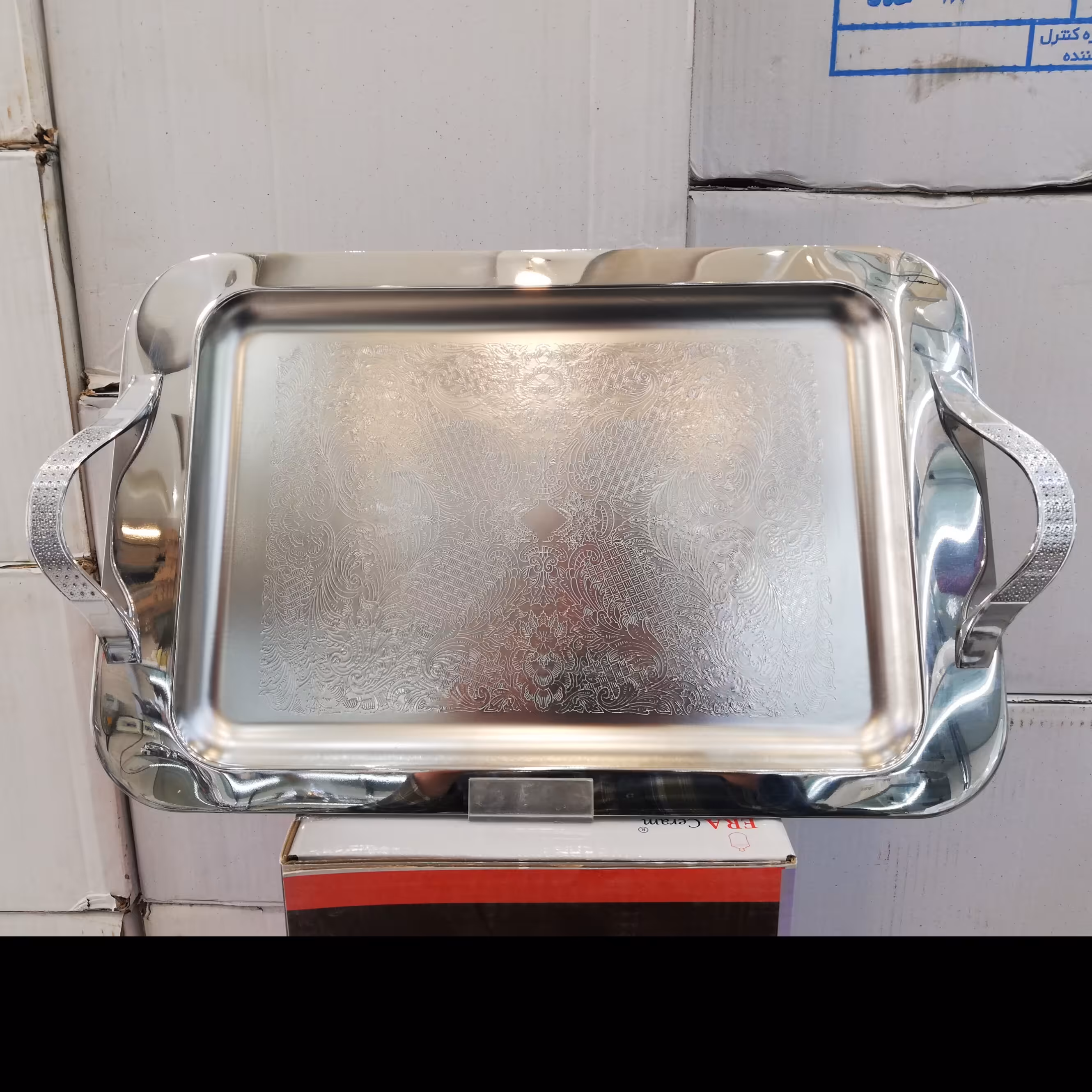 سینی استیل دسته تسمه ای بزرگ 