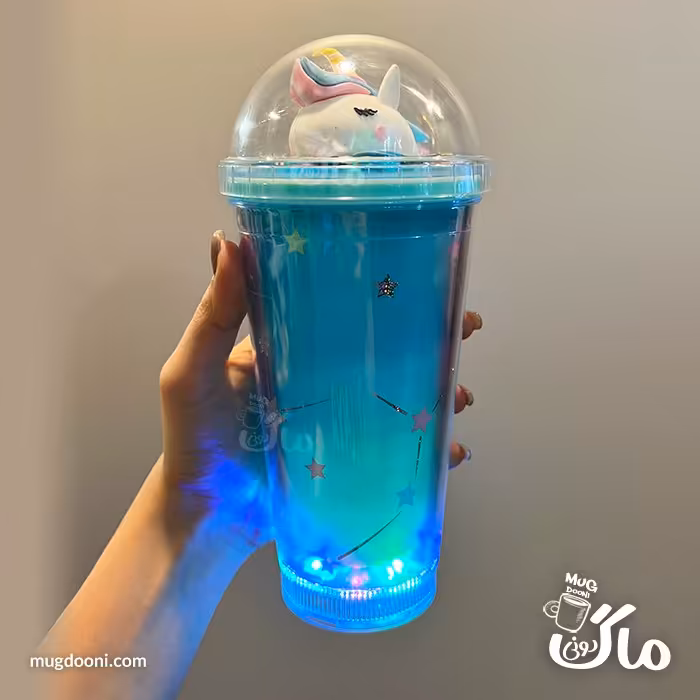 ماگ اسموتی یونیکورن چراغ دار و نی دار آبی
