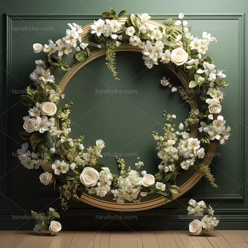 بک دراپ عکاسی حلقه گل های سفید و برگ های سبز | گرافیک با طعم تربچه