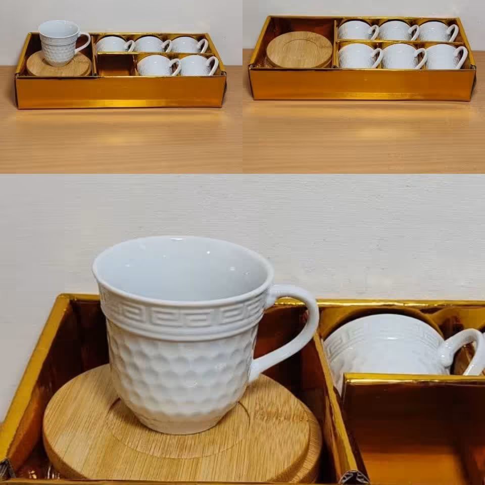 فنجان قهوه خوری چینی-چوبی کد b13 بسته 6 عددی