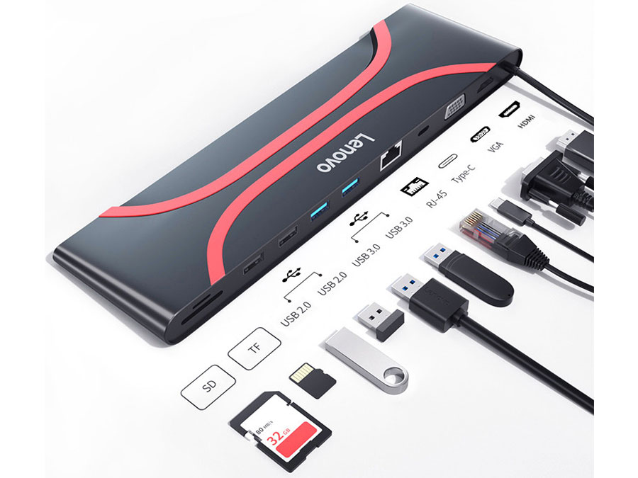 هاب تایپسی 10 پورت لنوو Lenovo 10 In 1 Type-C Adapter Docking Station LX1901