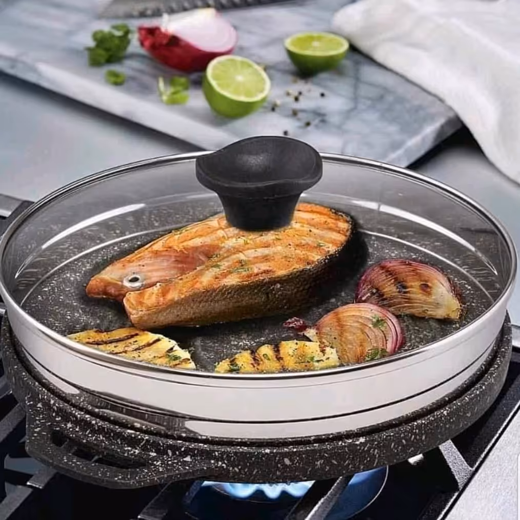 تابه گریل چدن دو طرفه رژیمی گرد  درب دار 