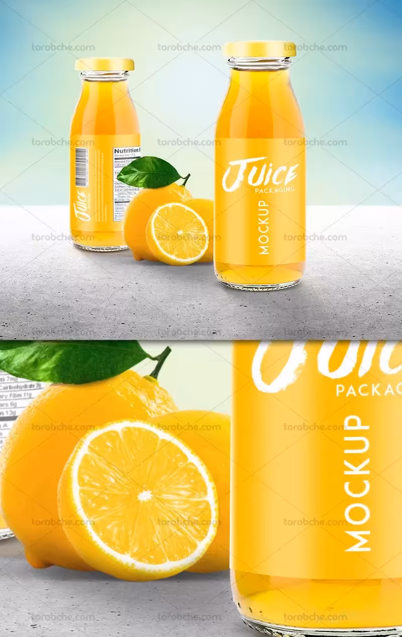 موکاپ بطری شیشه ای آبمیوه | گرافیک با طعم تربچه