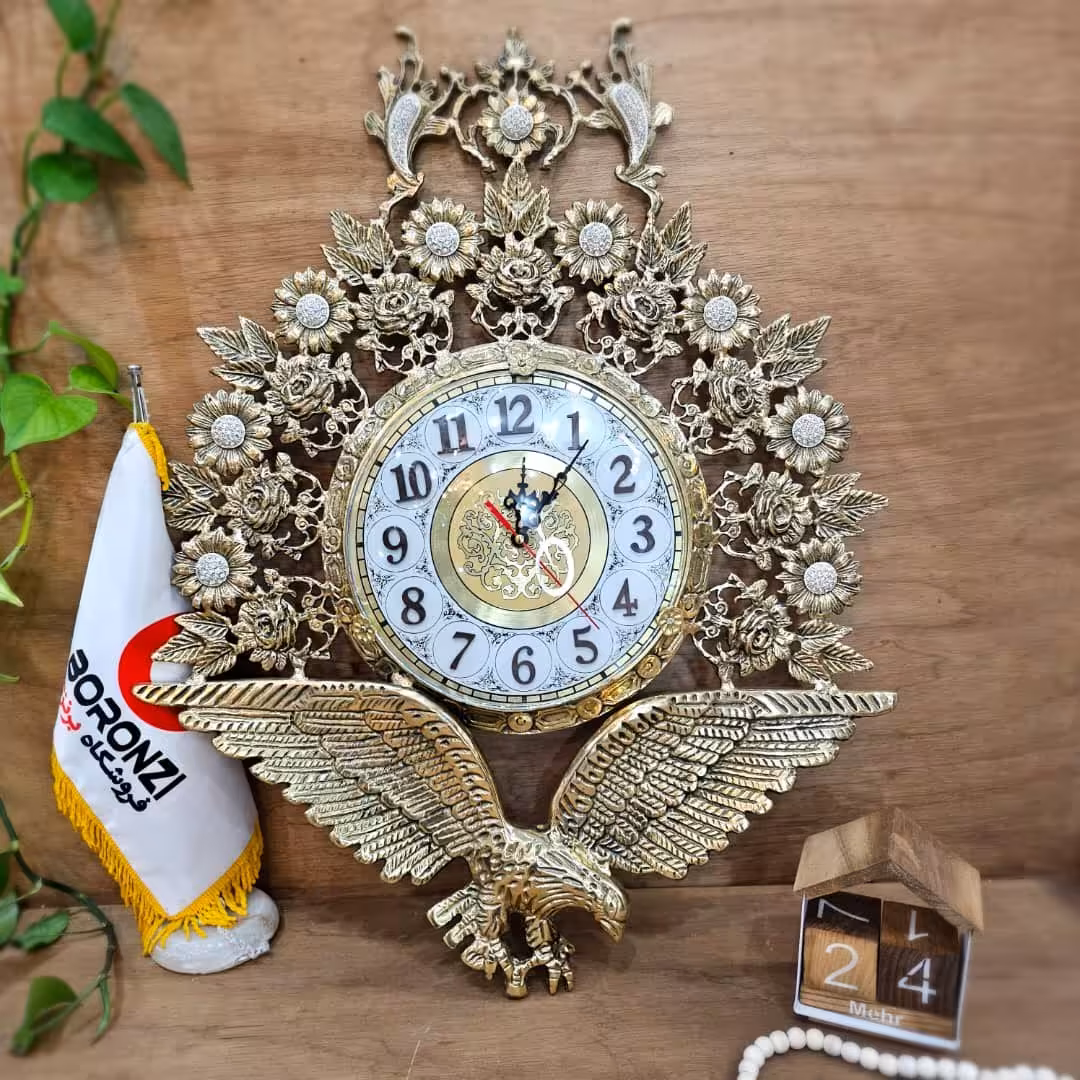 ساعت برنز دیواری طرح عقاب بال باز و گل های آفتابگردان بسیار زیبا و با ضمانت
