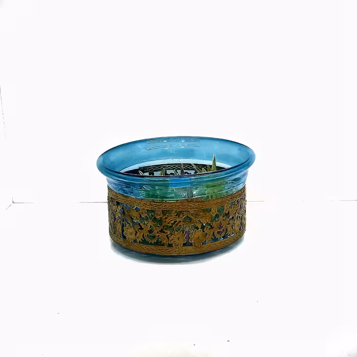 ظرف پذیرایی بلور طوق برنجی دستساز ایرانی رنگ فیروزه ای