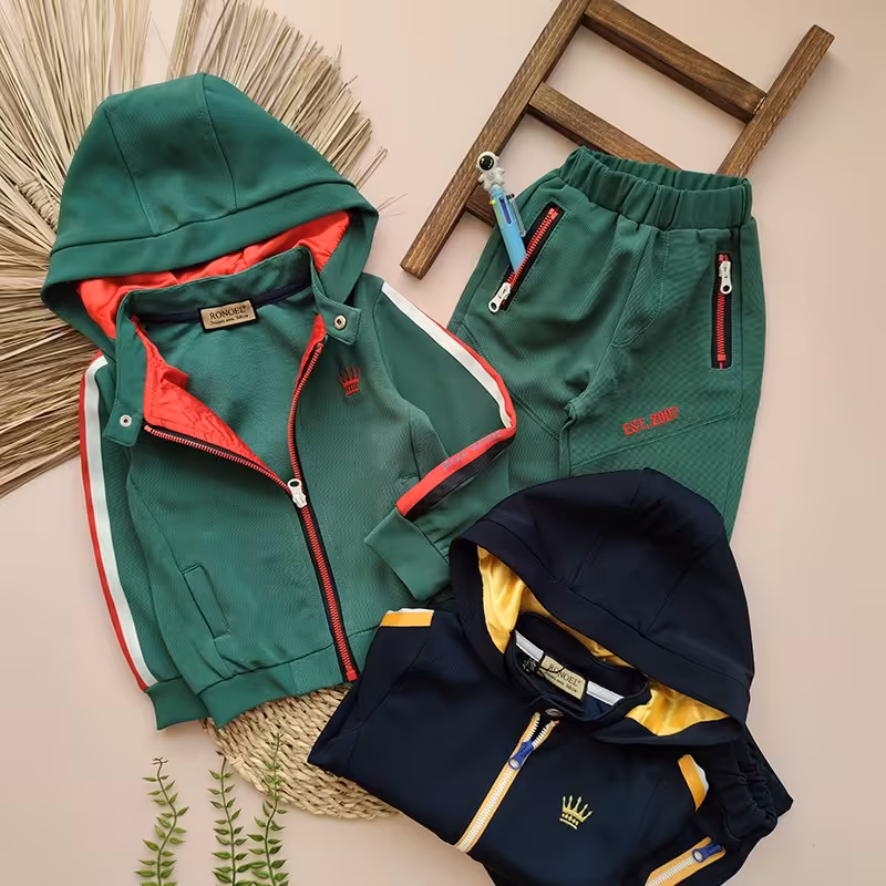 ست گرم کن و سویتشرت دورس غواصی ورزشی درجه یک در دو رنگ سرمه ای و سبز مناسب حدود سنی 1 تا 12 سال