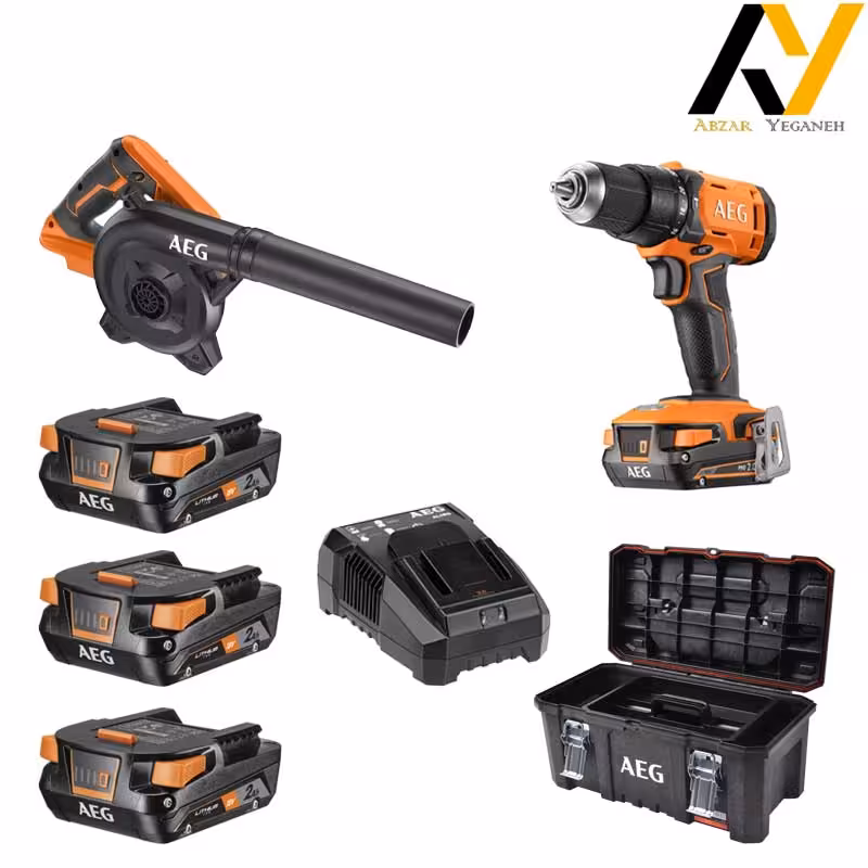 پکیج دریل چکشی و بلوور شارژی AEG نوع BSB18G4-203TBLK3 BGE18C2