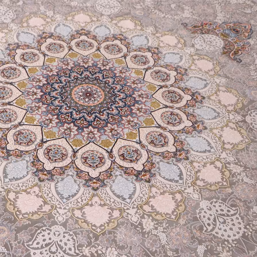 فرش  اکرلیک 9 متری 1200 شانه گل برجسته  طلاکوب طرح تندیس رنگ نقره ای