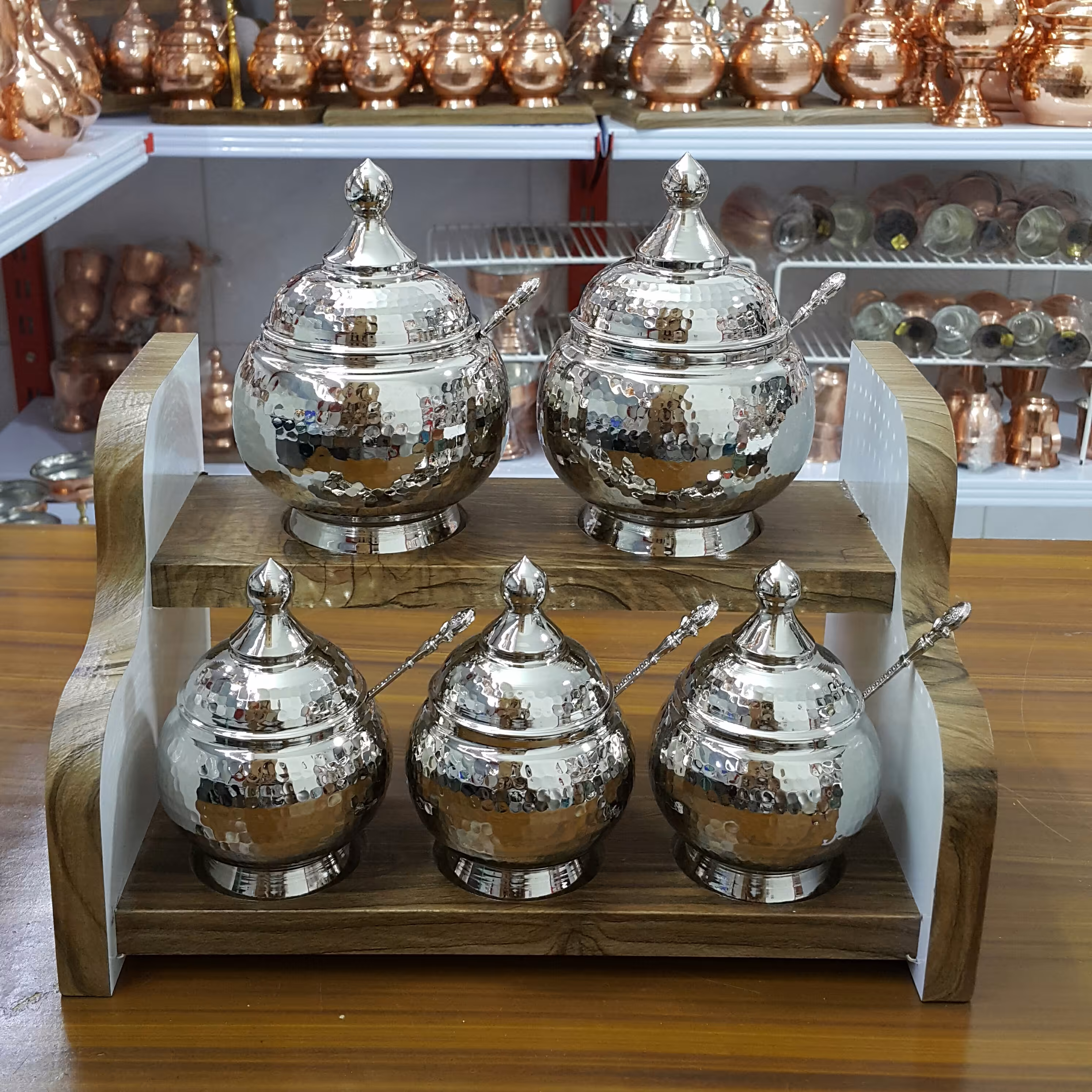 پاسماوری و جا ادویه مسی 5 تایی چکشی و کروم شده  (ضخیم و باکیفیت )