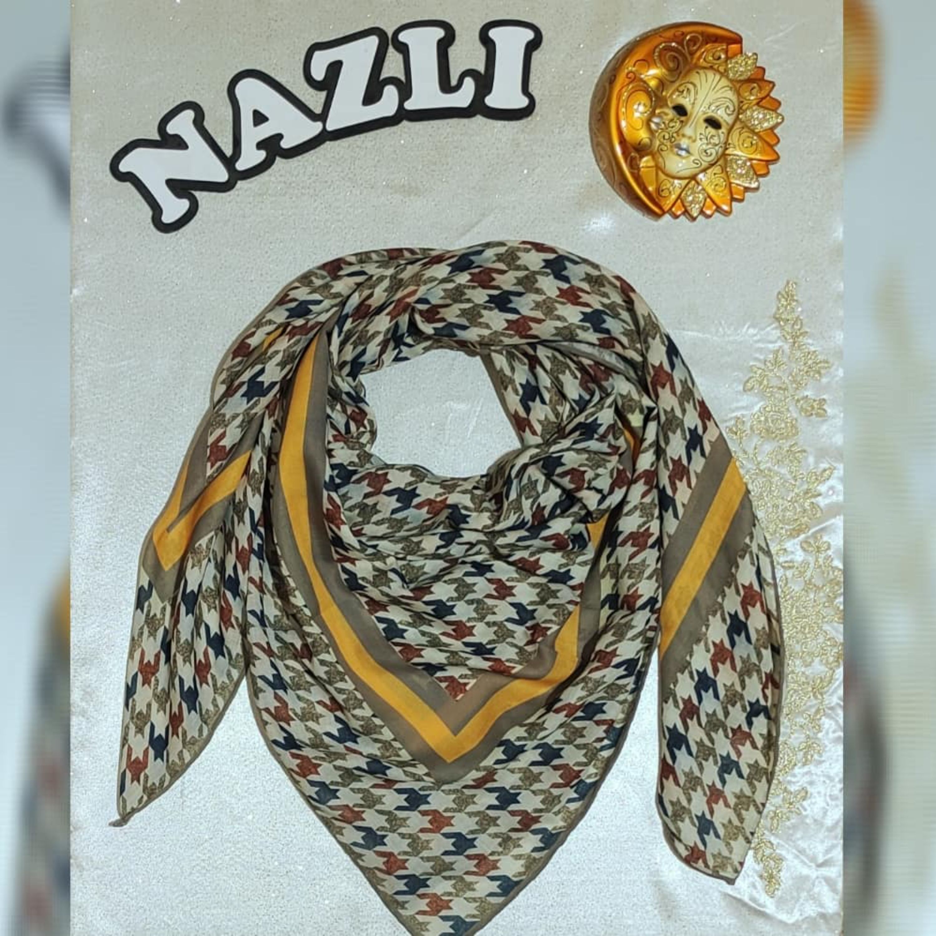 روسری خردلی کرم نخی پیچازی دور دست دوز قواره 135در135 از روی سر لیز نمیخورد