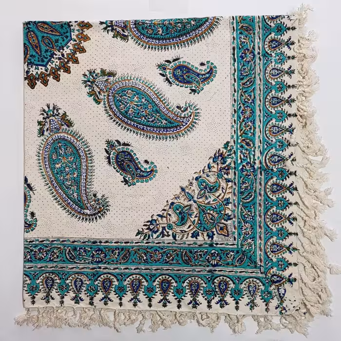 رومیزی قلمکارطرح بته جقه سبزآبی120در120