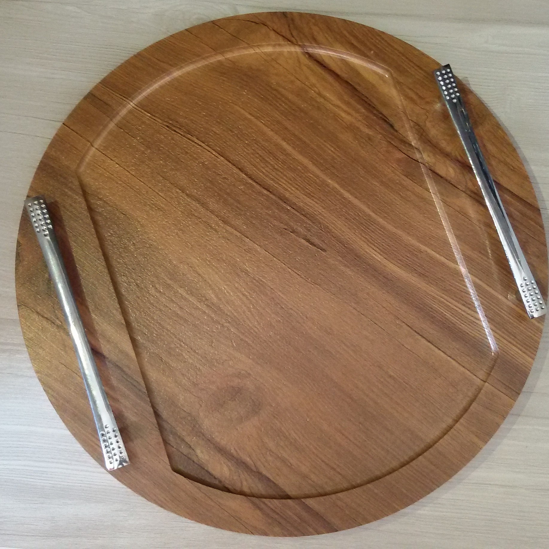 سینی دسته نقره ای گرد قهوه ای قطر 30 سانت جنس mdf چوبی وکیوم