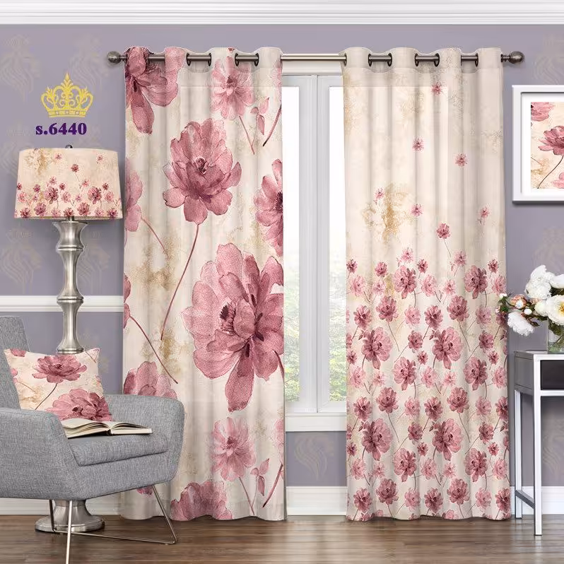 پرده تصویری پذیرایی پانچ دو قواره آماده طرح گل فانتزی گلبهی کد 6440