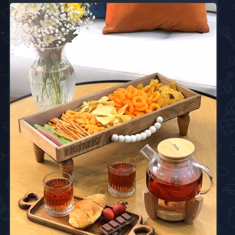 رایزر چوبی مستطیلی دسته مهره ای فانتزی شیک و خاص طرحhome استند میوه و خوراکی سینی چوبی پایه دار 