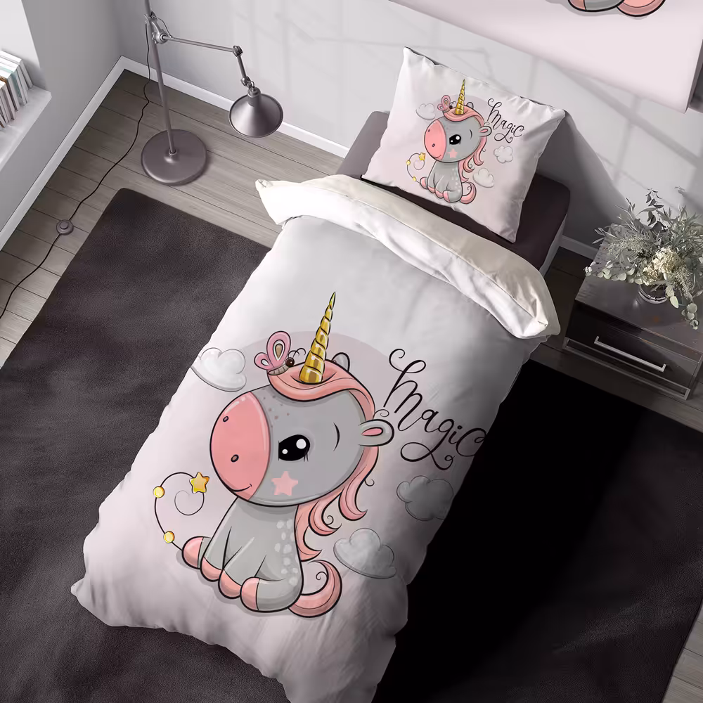 ست لحاف بالشت طرح یونیکورن طوسی صورتی SM-26401