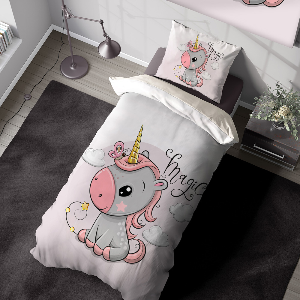 ست لحاف بالشت طرح یونیکورن طوسی صورتی SM-26401