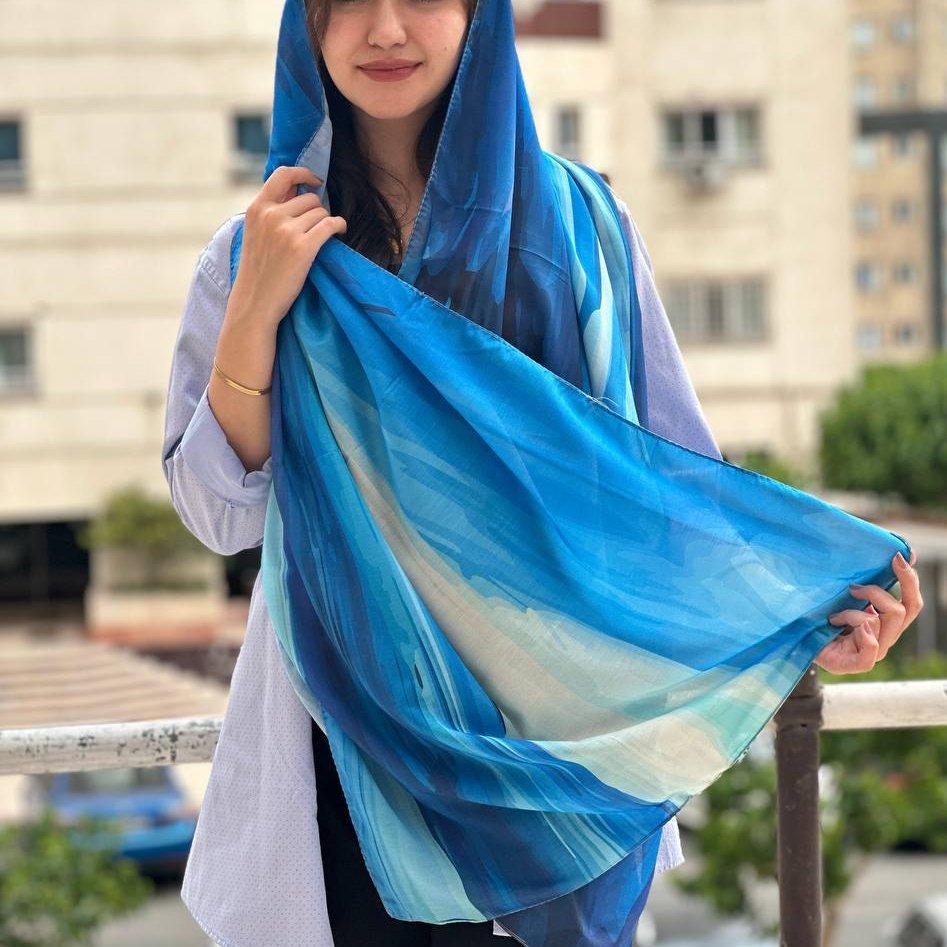 شال زنانه نخی تابستانی رنگ آبی طرحدار ارسال رایگان r318