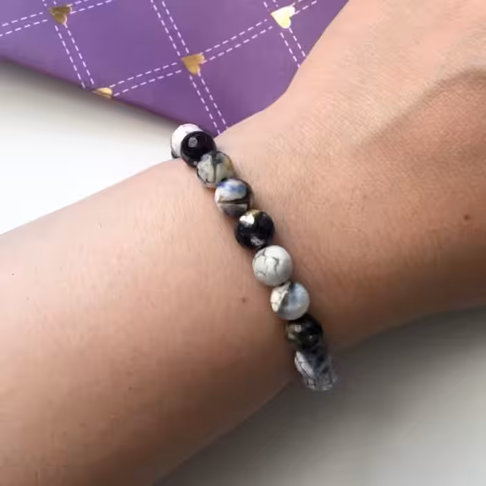 دستبند سنگ عقیق خزه ای آبی سفید سرمه ای بسیار زیبا با بند کشویی