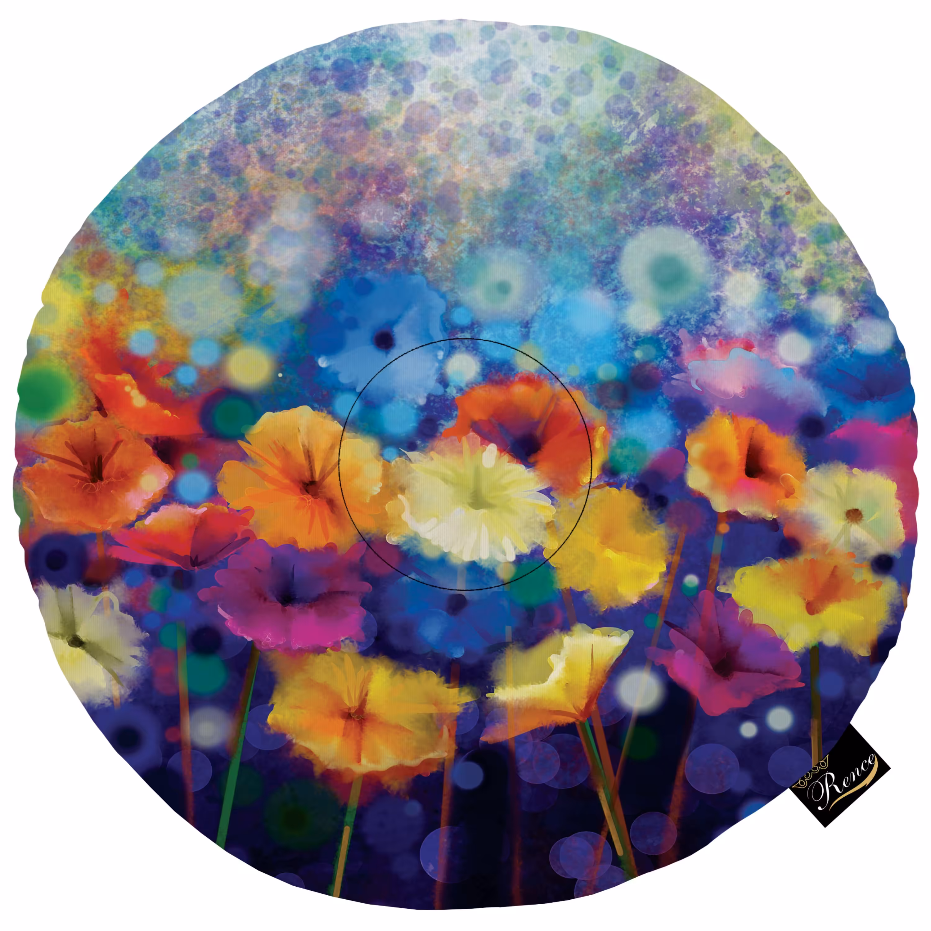 بالش و تشک صندلی گرد پارچه مخمل دو رو چاپ طرح گل سایز 38 در 38 مدل M2-308 شرکت رنس