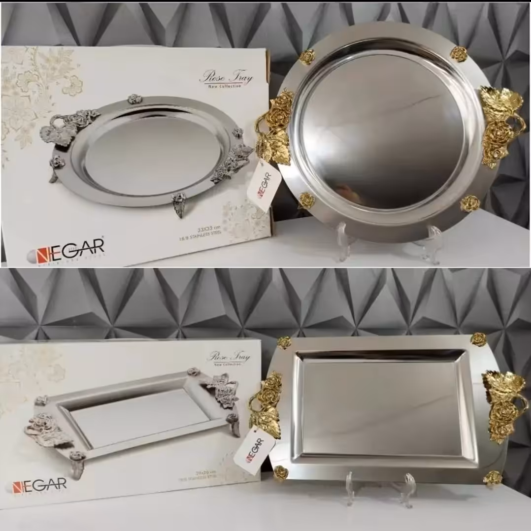 سینی استیل دسته طلایی نگار 