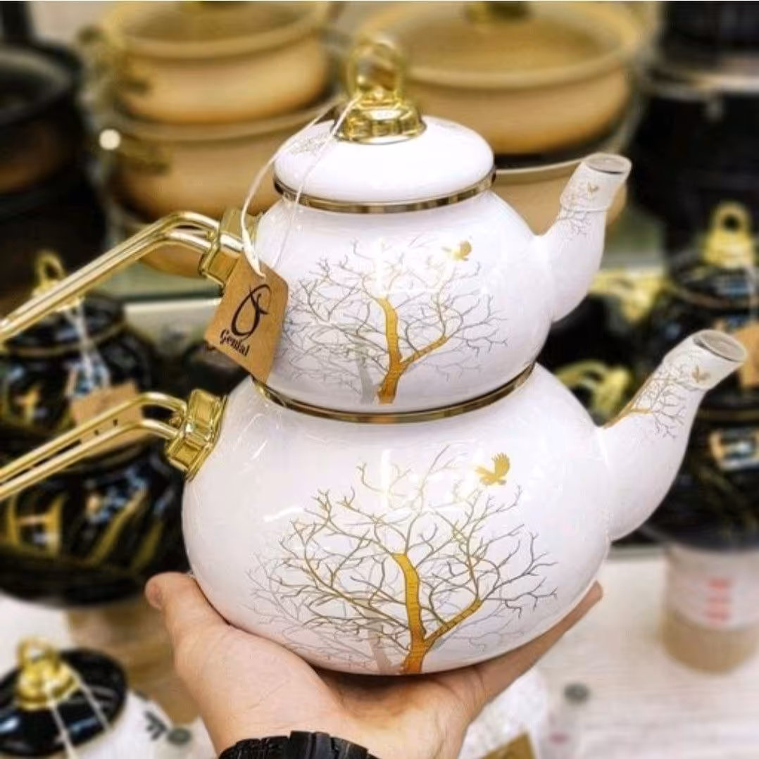 ست کتری و قوری لعابی وارداتی سفید درخت طلایی 