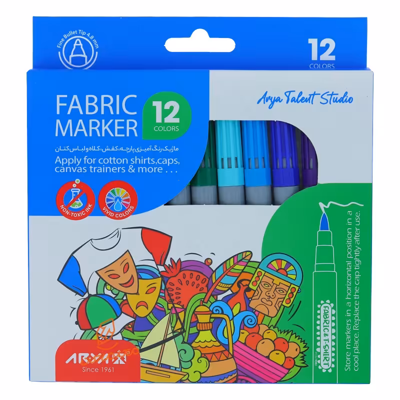 قیمت و خرید ماژیک رنگ آمیزی 12 رنگ مخصوص پارچه 9080 آریا ARIYA