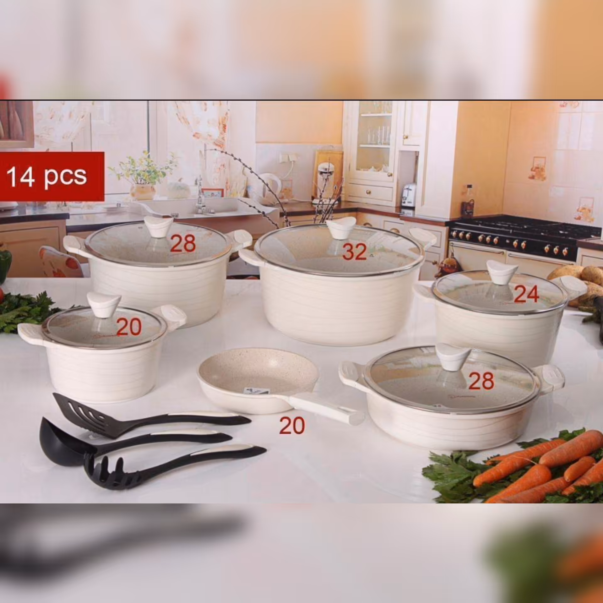 سرویس قابلمه چدن گرانیت 14 پارچه برند هم کینگ رنگ سفید 