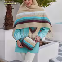 ست کیف و روسری یا شال طیفی کرم فیروزه ای چرم عسلی برند مونتلا 