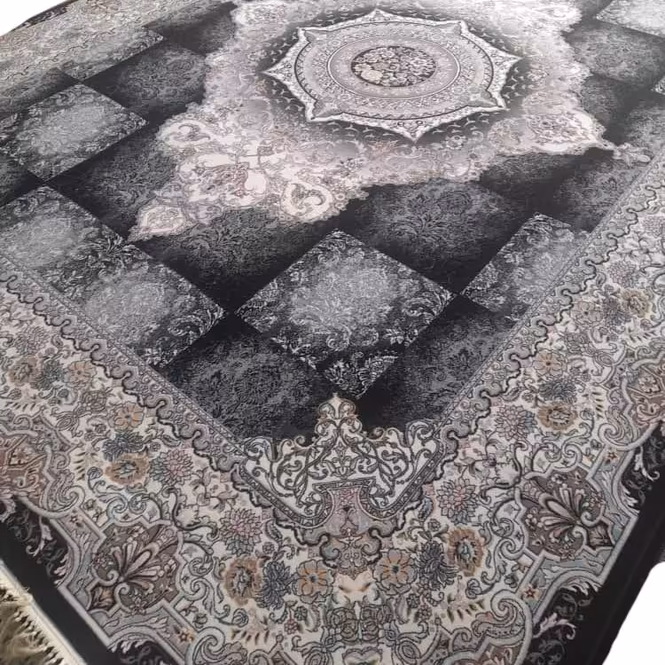 فرش ماشینی طرح نیلوفرسرمه ای700شانه تراکم2550،نخ اکرلیک 9متری