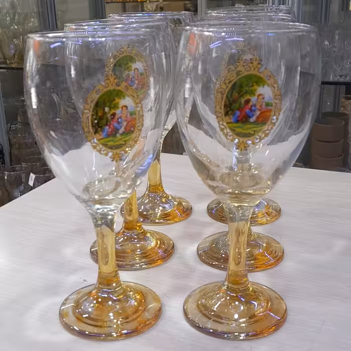 جام طرحدار پایه بلند بلور کف نباتی تصویر دار تولید جدید کاوه 6 تایی 