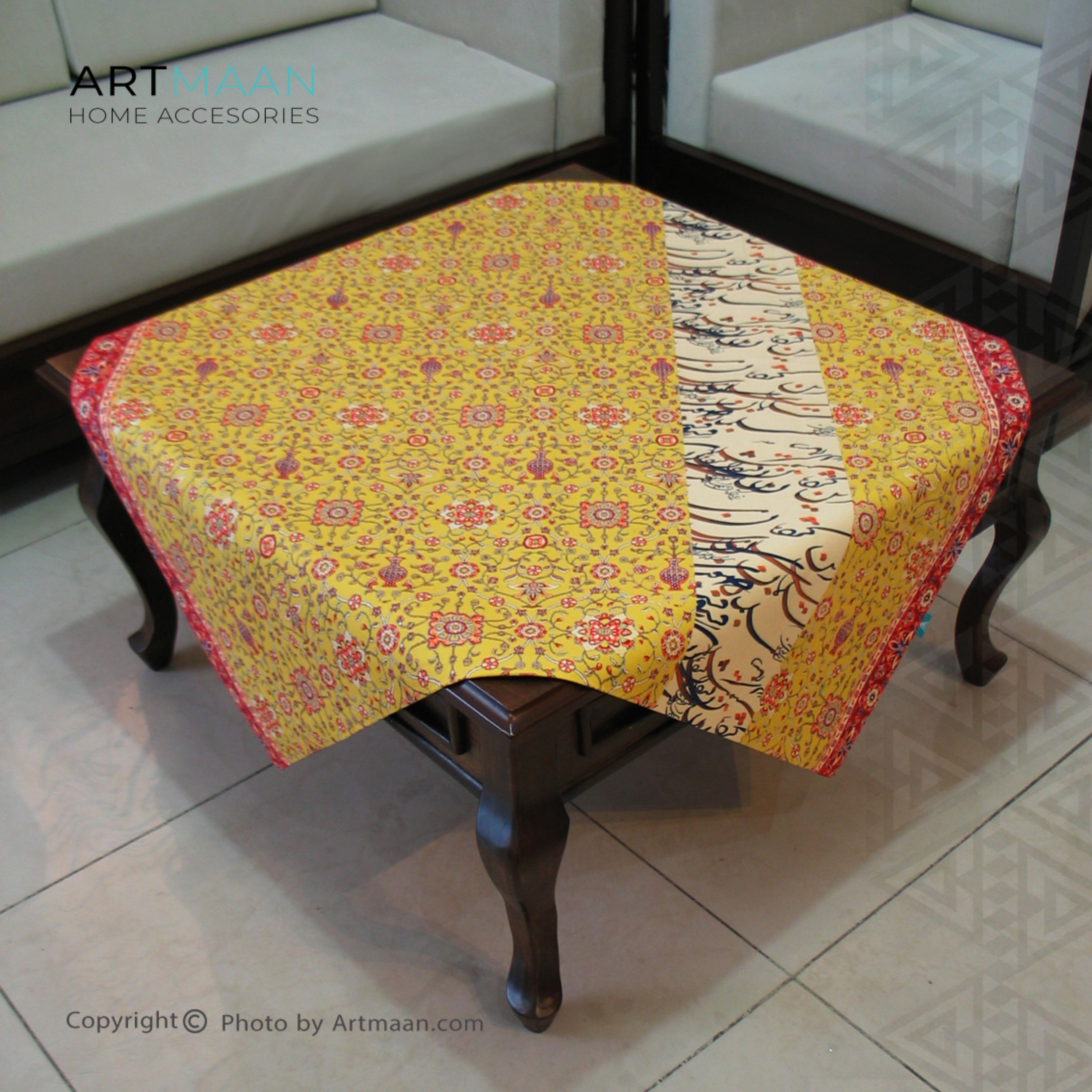رومیزی مخمل 100x100 طرح فرشخط خردلی با خط آرت مان