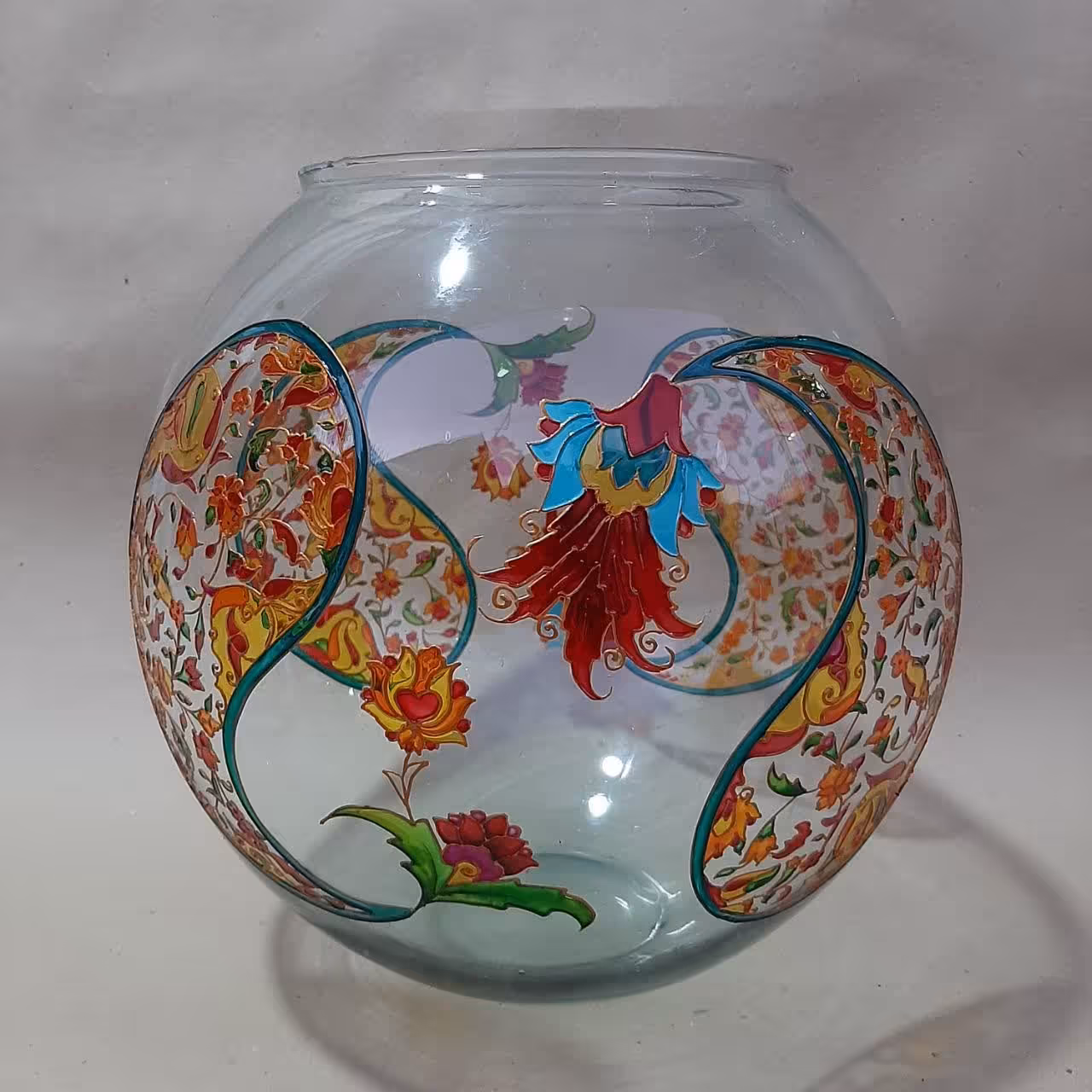 تنگ ظرف طرح اسلیمی نقاشی با تکنیک ویترای مناسب هفت سین ، یلدا و پذیرایی