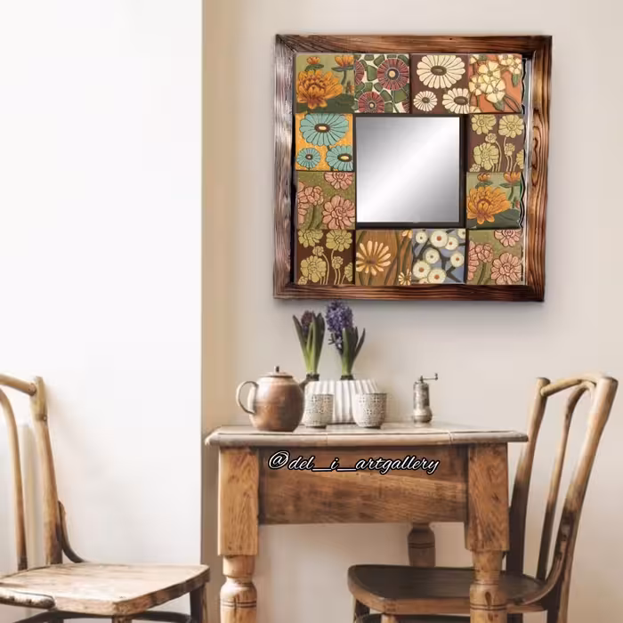 آینه هنری صنایع دستی نقاشی شده با ویترای دارای قاب چوبی