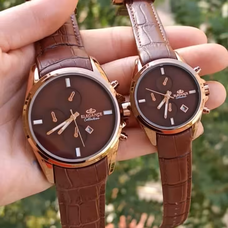 ساعت ست مردانه زنانه الگانس بند چرم قهوه ای موتور ژاپن 12ماه گارانتی Elegance