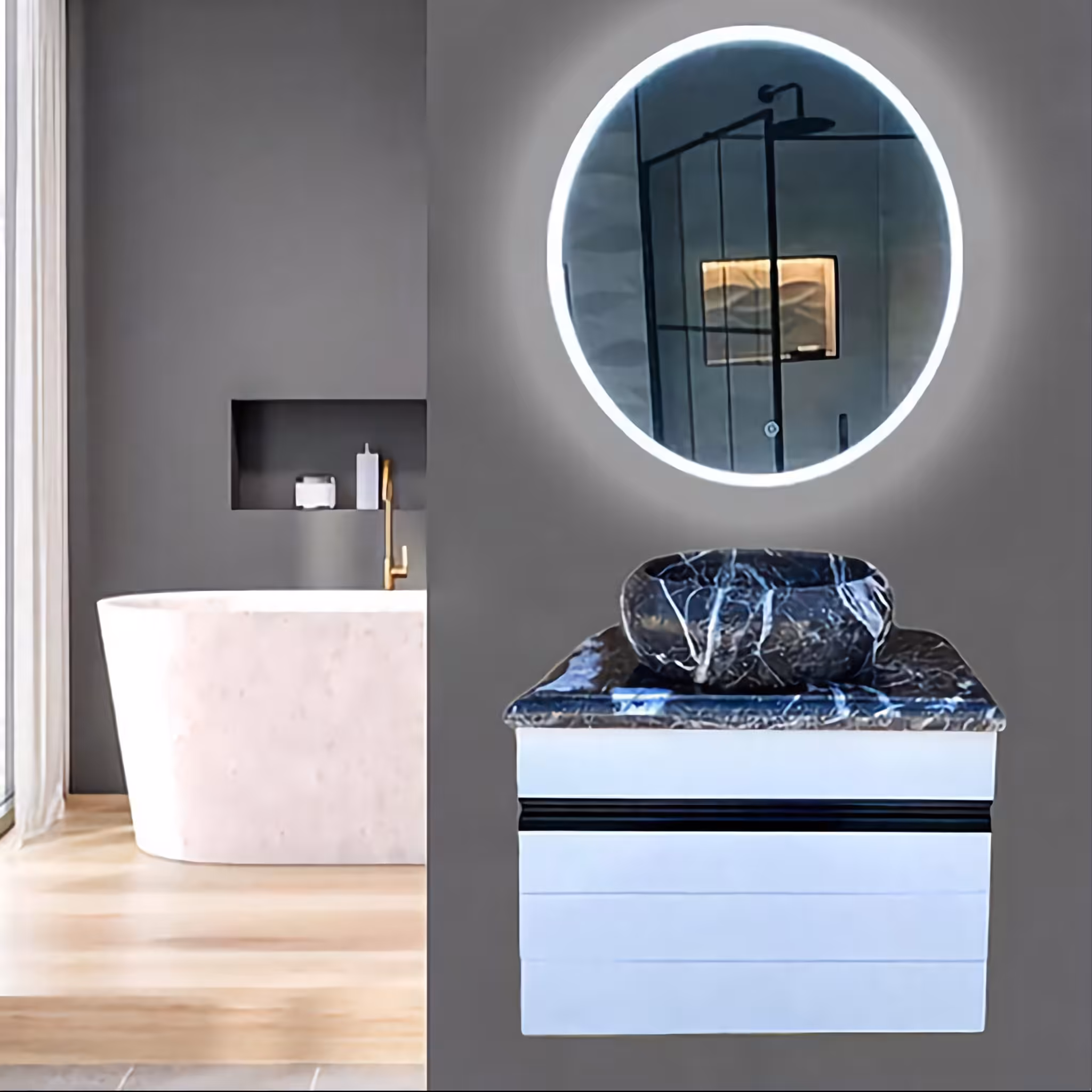 روشویی کابینتی دستگیره مشکی با سنگ طبیعی مشکی و آینه بک لایت