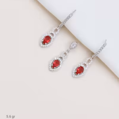 نیم ست با سنگ قرمز نقره عیار 925 ظریف مشابه طلا کد 3101