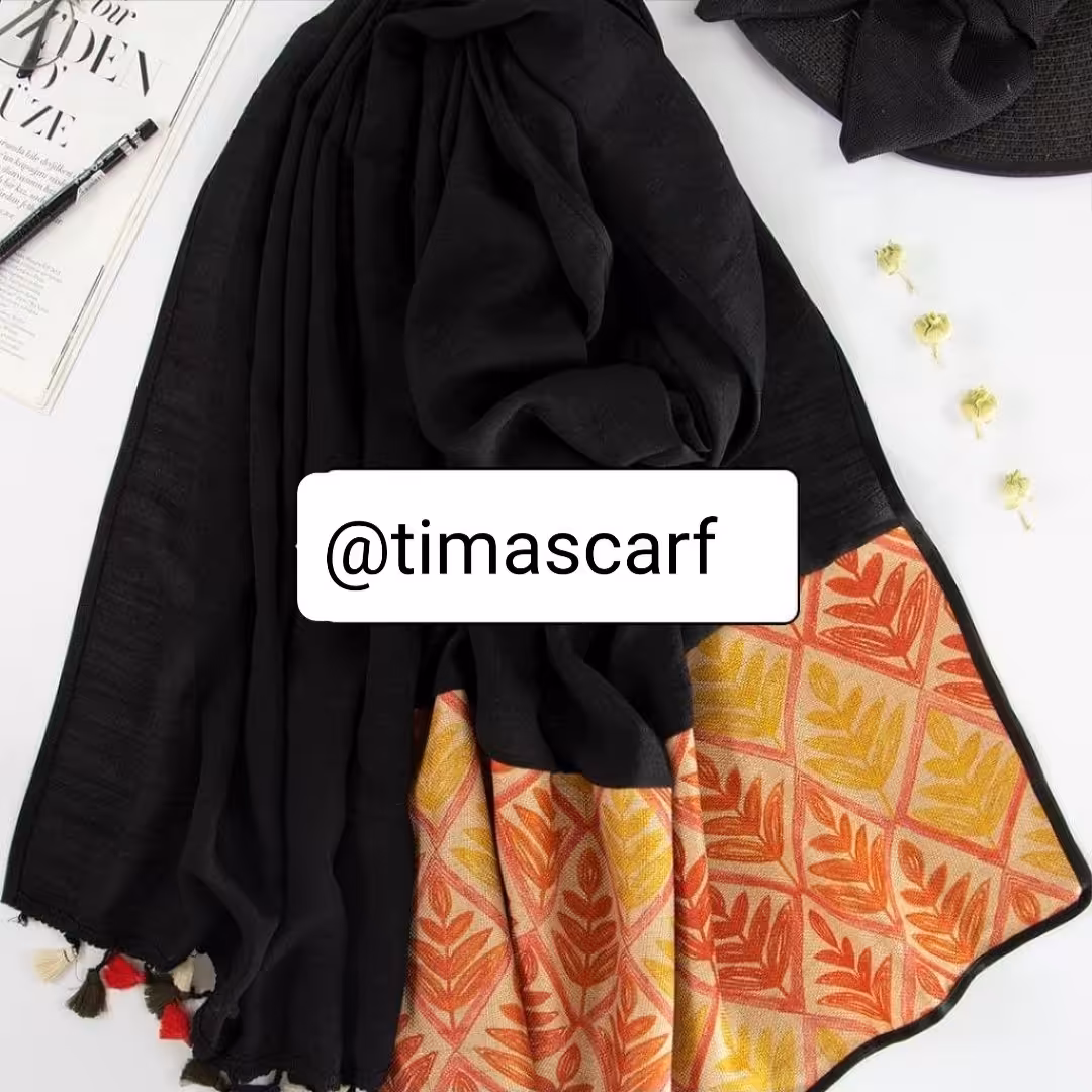 شال مجلسی مشکی با دستک کنفی طرحدار و جنس اسلپ،دورتادور نواردوزی شده