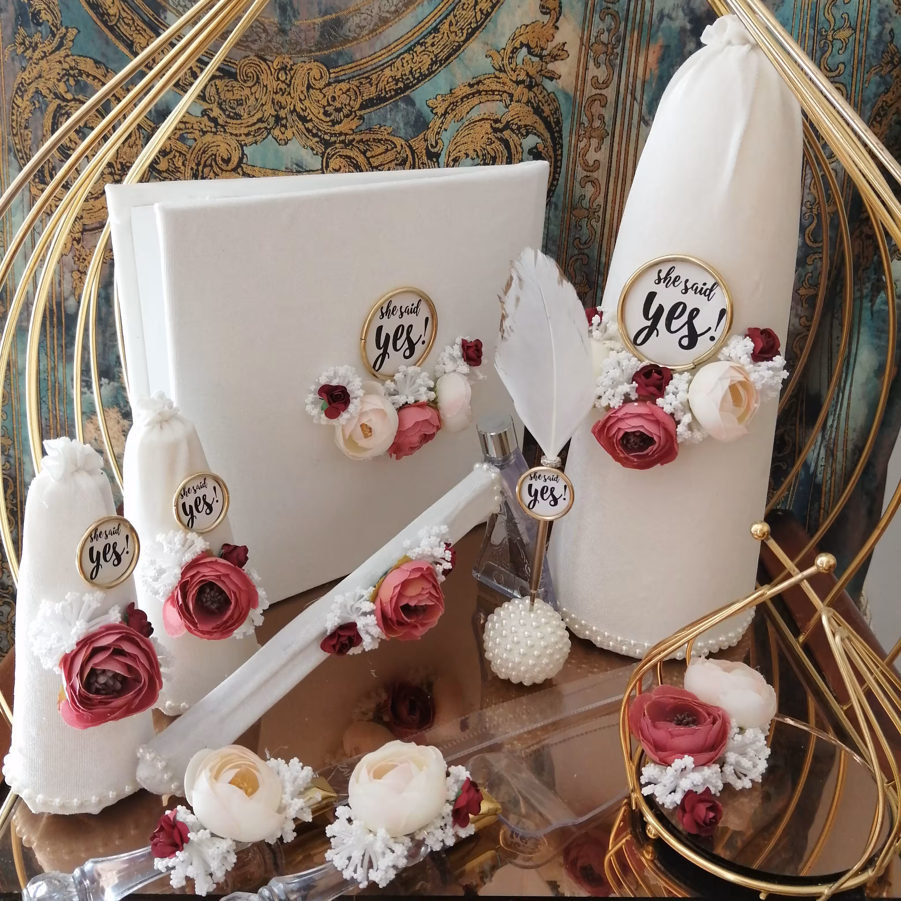 ست قند بله برون 9 تیکه مدل مخمل با گلهای رز 