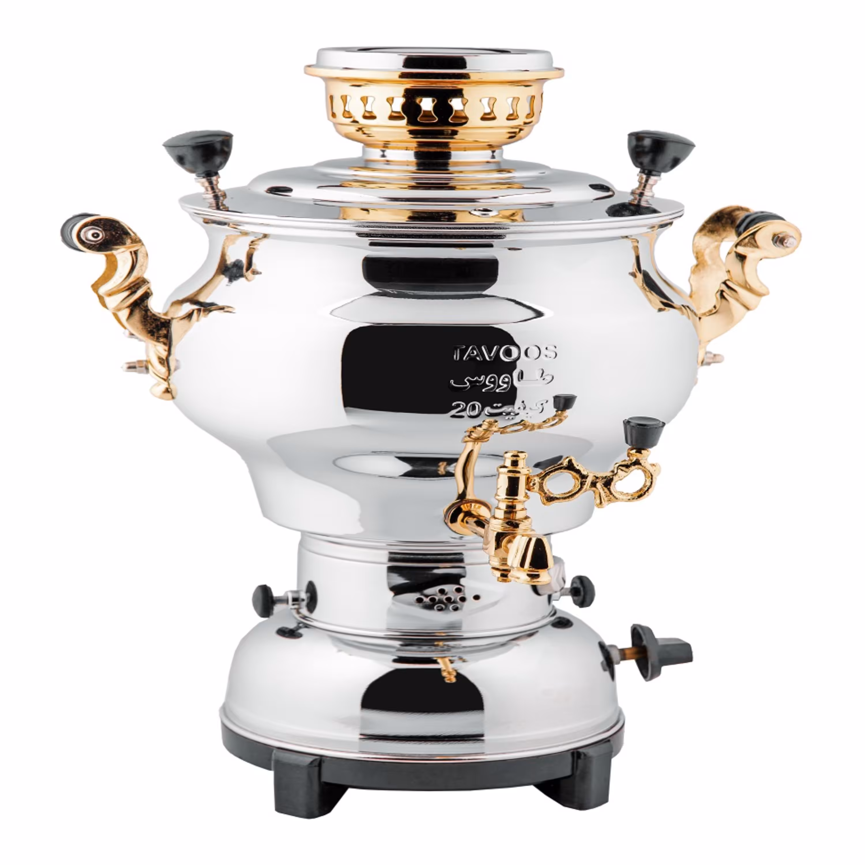 سماور گازی طاووس مدل خمره ای دسته طلا کد 104 گنجایش 6 لیتر