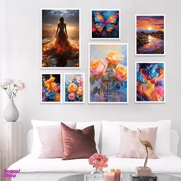 تابلو بکلیت طرح نقاشی آبرنگی گل و پروانه مدل W-1147 مجموعه 7 عددی