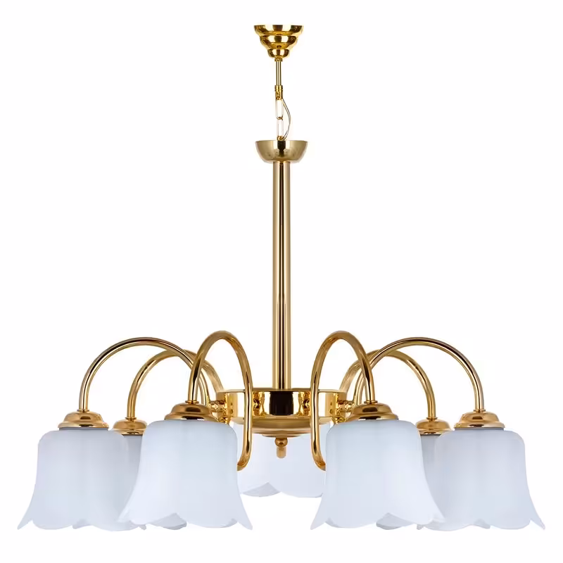 لوستر سقفی - لوستر اتاق - لوستر مدرن هفت شعله لاله اسپادان - آویز تزیینی سقفی رنگ طلایی و استیل کروم با نور دهی عالی 