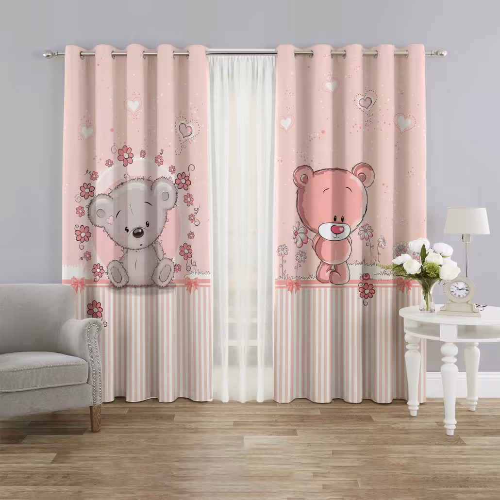 پرده چاپی کودکانه با طرح خرسی طوسی و صورتی pk-2004