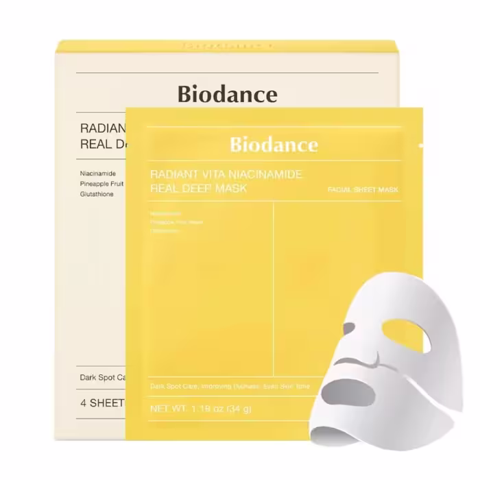 قیمت و خرید ماسک روشن کننده و ضد لک بایودنس مدل Radiant Vita Niacinamide بسته 4 عددی ⚡ اصل