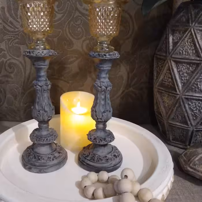  شمعدان پلی استر پتینه شده ست دوتایی قابل اجرا در رنگ و پتینه دلخواه 