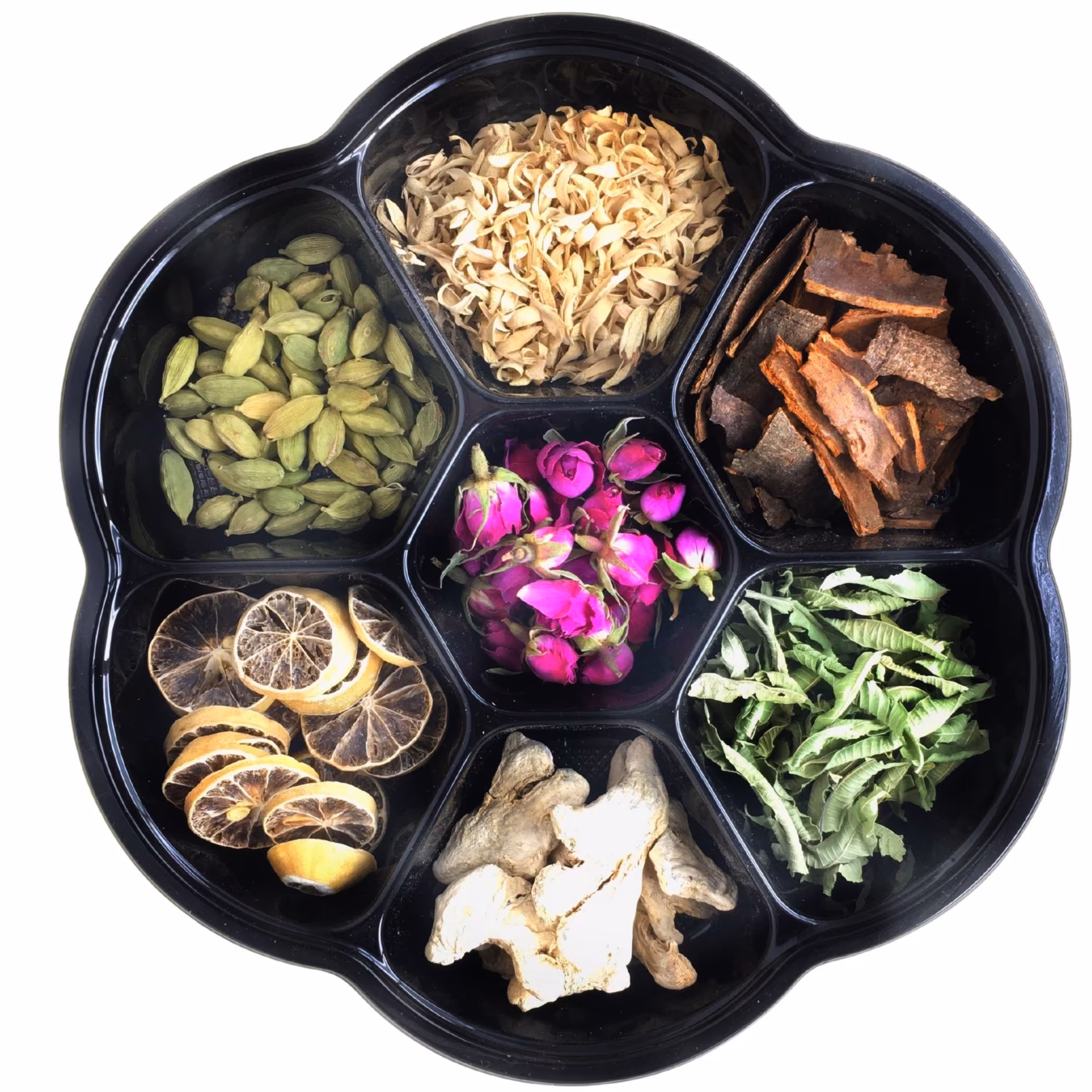 سینی عطر چای شامل هل  بهار نارنج و دارچین وبه لیمو و زنجبیل اسلایس لیمو  وغنچه