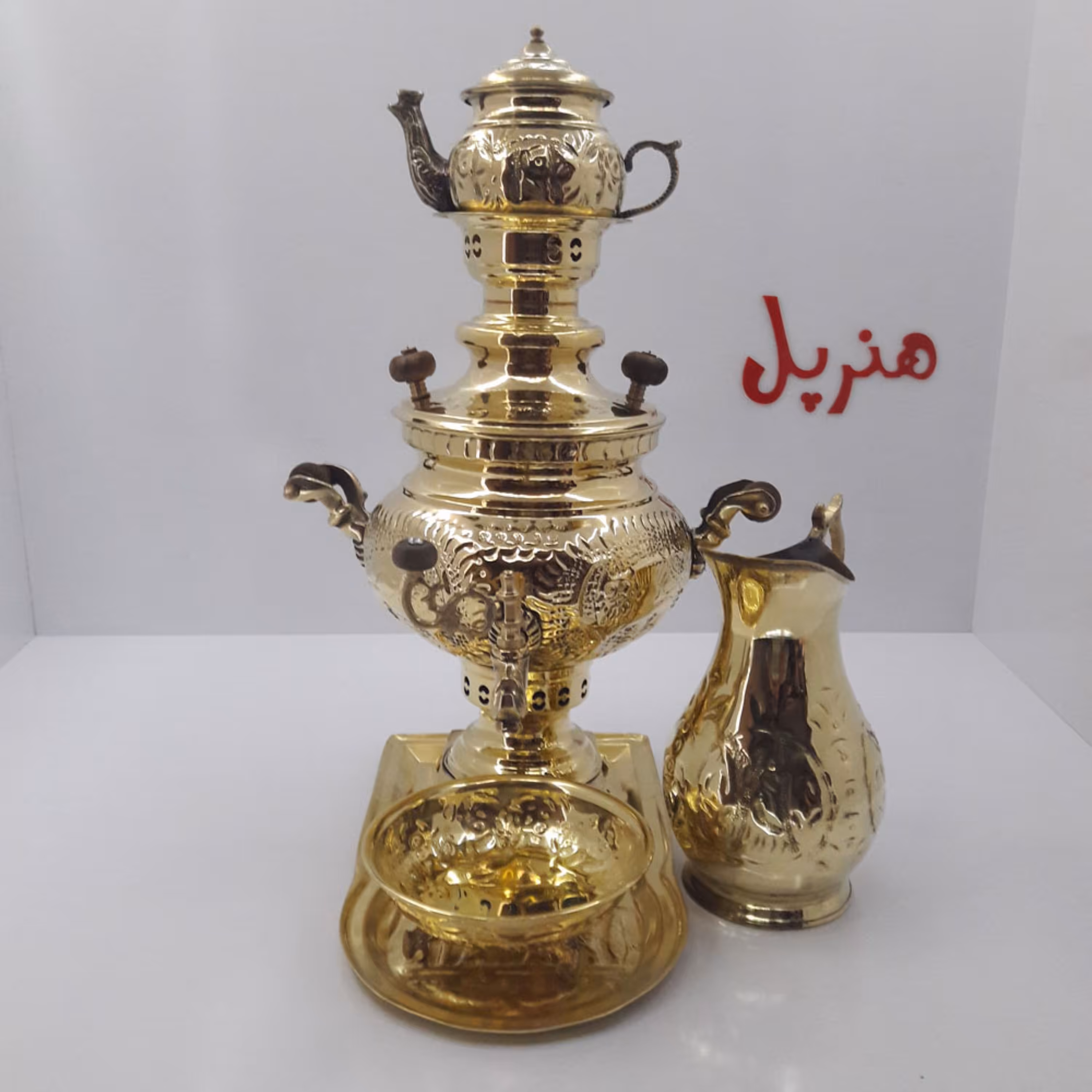 سرویس سماور زغالی برنجی عدسی قلمزنی سایز 3