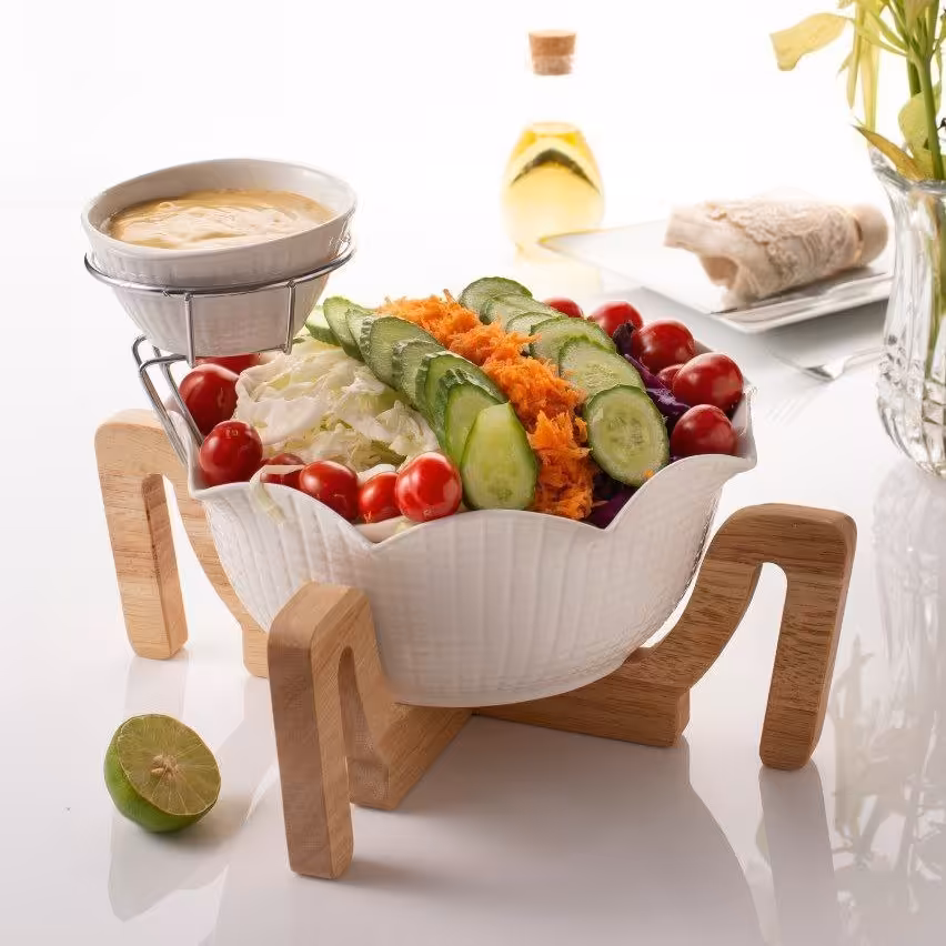 کاسه سالاد پایه دار ریور از جنس چوب رابر و چینی(بن چاینا)  با کیفیت بسیار بالا و قیمت عالی 