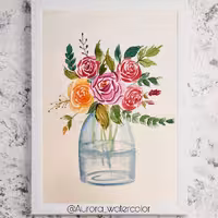 نقاشی گلدان گلهای بهاری تکنیک آبرنگ