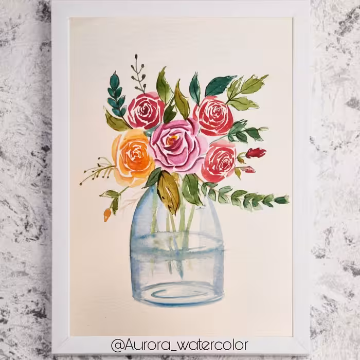 نقاشی گلدان گلهای بهاری تکنیک آبرنگ